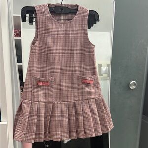 Pink and White Pleated Sundress Sleeveless Crew Neck